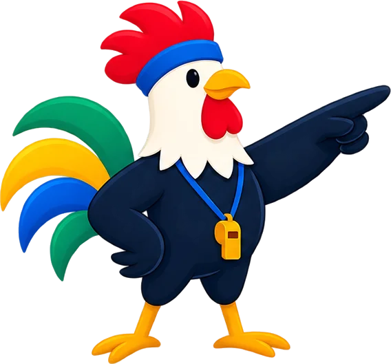 Rooster coach pointing at you, whistle around its neck