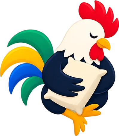 Sleepy rooster hugging a pillow