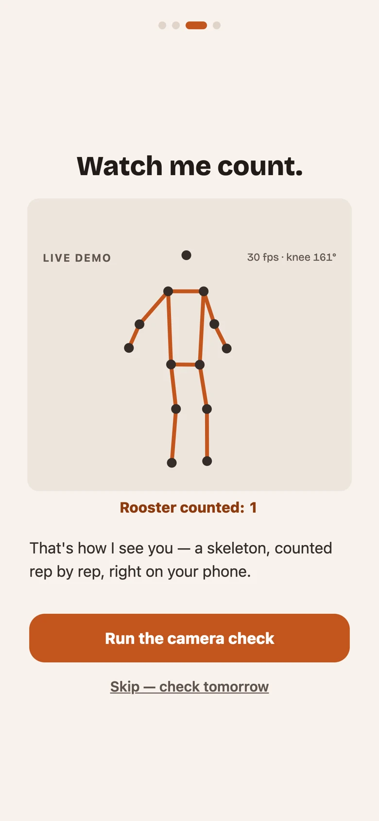 RoosterReps counting reps live from a skeleton overlay