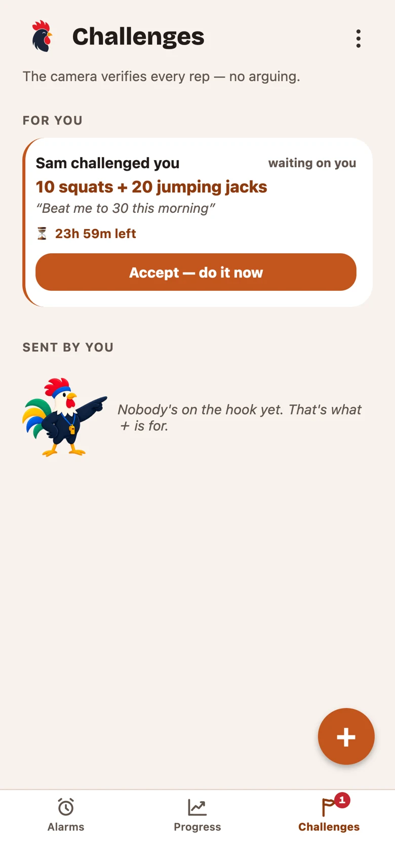 A challenge from Sam: 10 squats and 20 jumping jacks, with an Accept button